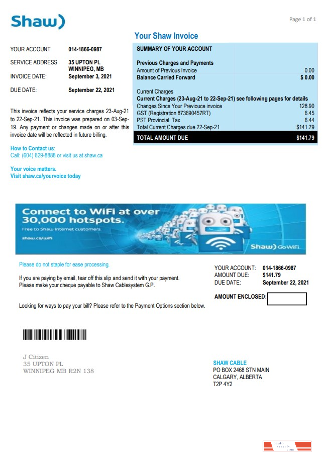 Canada Shaw utility bill